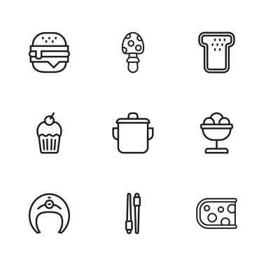 Yemek çubuklarını kaseye koy. Peynirli fırında dondurma, ekmekli tost Burger Fly agarik mantar ve Kek ikonu. Vektör.