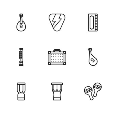 Afrika perküsyon davulu Bandura Maracas Gitar amplifikatörü Armonica Mandolin pick ve Flüt simgesini ayarlayın. Vektör.