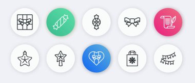 Hediye kutusu zarfı, Noel yıldızı alışveriş çantası, bayraklı ve ikonlu Şeker Karnavalı çelengi. Vektör.