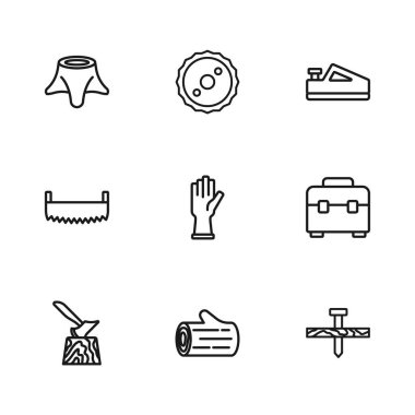 Ahşap ahşap ahşap kütük Araç Kutusu Metalik Tırnak Koruyucu Eldiven Uçak Aletleri Ağaç kütüğü Testere Bıçağı ve İki El Simgesi. Vektör.