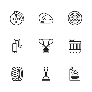 Hat vites değiştirici araba radyatör soğutma sistemi yarış miğferi bardak tekerleği araba fren diski için kalibre ve egzoz simgesine ayarlayın. Vektör.