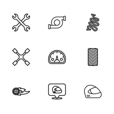 Hat çizgisi yarış kaskı, araba tekerleği hız göstergesi, anahtarlı otomotiv turbo şarj aleti ve İngiliz anahtarı ikonu. Vektör.