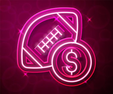 Parlak neon hattı Amerikan futbolu bahis para ikonu kırmızı arka planda izole. Futbol bahisçisi. İnternetteki futbol bahisleri para kazandırıyor. Vektör.