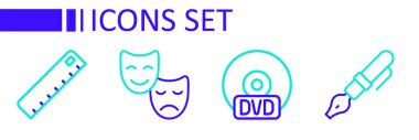 Fountain tükenmez kalem ucu CD 'si veya DVD disk komedisi, trajedi maskeleri ve cetvel simgesi ayarla. Vektör.
