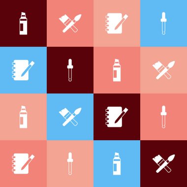 Pop Art Marker marka kalem fırçası, boya defteri ve göz damlası renk seçici palet simgesini ayarla. Vektör.