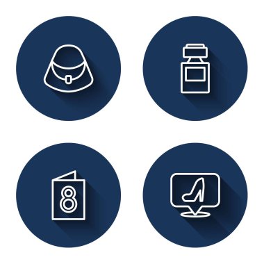 El çantası parfüm tebrik kartı ve uzun gölgeli kadın ayakkabısı. Mavi daire düğmesi. Vektör.