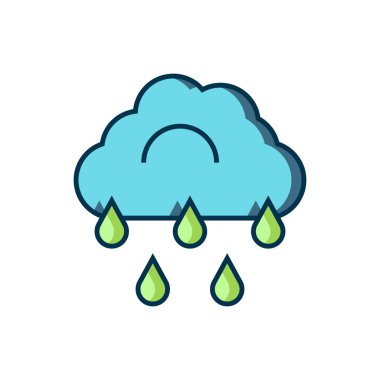 Beyaz arka planda izole edilmiş yağmur ikonu ile ana hatları doldurulmuş. Yağmur damlaları ile yağmur bulutu yağışı. Düz çizgili, gölgeli. Vektör.