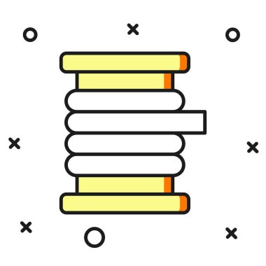 Beyaz arkaplanda izole edilmiş makara ya da davul ikonu üzerinde kablo elektrik kablosu doldurulmuş. Düz çizgili, gölgeli. Vektör.