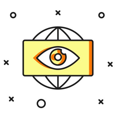 Ana hatları doldurulmuş elektronik göz ikonu beyaz arka planda izole edilmiş. Küresel izleme teknolojisi, bilgisayar sistemleri ve ağ güvenliği. Düz çizgili, gölgeli. Vektör.