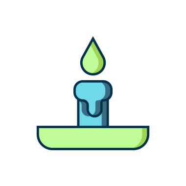 Beyaz arkaplanda izole edilmiş şamdan ikonunda yanan mum. Silindirik mum çubuğu ve yanan ateş. Düz çizgili, gölgeli. Vektör.