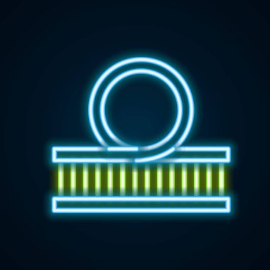 Parlayan neon hat roller coaster simgesi siyah arkaplanda izole edildi. Eğlence parkı. Çocuklar için eğlence parkı, eğlence parkı. Renkli taslak konsepti. Vektör.