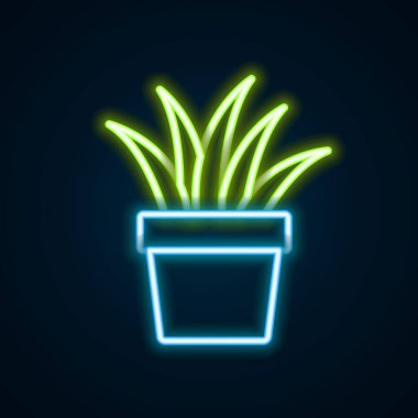 Parlayan neon hattı. Esrar ikonundaki bitki siyah arkaplanda izole edilmiş. Tencerede yetişen bir bitki. Saksı bitkisi işareti. Renkli taslak konsepti. Vektör.