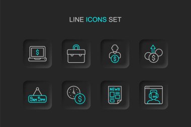 Telefon hattını 24 saat destekle Haber Zamanı, 9 'dan 5' e kadar para Finansal Büyüme Doları Yatırımcısı Evrak Çantası ve İkonlu Laptop. Vektör.