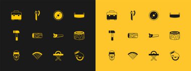 Tahta testereli, el elektrikli, dairesel, yuvarlak bıçaklı alet kutusu ve balta simgesini ayarla. Vektör.