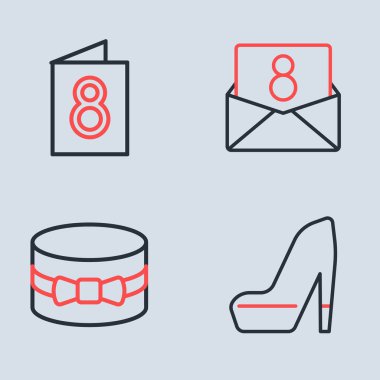 Zarfı 8 Mart hediye kutusu ve kalp kadın ayakkabısı ve tebrik kartı ikonu ile ayarla. Vektör.