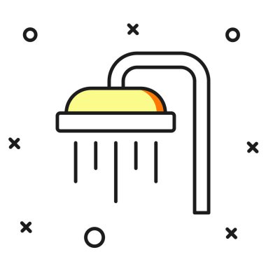 Ana hatlarıyla doldurulmuş duş başlığı beyaz arka planda izole edilmiş su damlalarıyla dolu. Düz çizgili, gölgeli. Vektör.