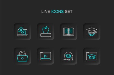 Çevrimiçi Eğitim Bölümü Mezuniyet konuşması baloncuğu video oynatıcısı bilgisayarlı çalışan küre kitabı açık kitap ikonu elma ve soru ve cevap ikonu. Vektör.