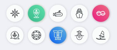 Dürbünü ayarla. Denizaltı Anchor Denizaltı Yat Yelkenlisi Windsurfing ve Gemi penceresi simgesi. Vektör.