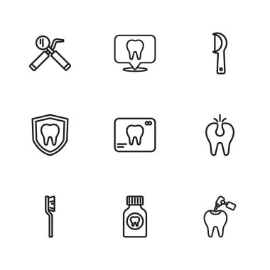 Diş ağrısı tableti, diş macunu, diş bakımı ve diş ipi aynası sondasının röntgeni klinik konumu ve koruma ikonu. Vektör.