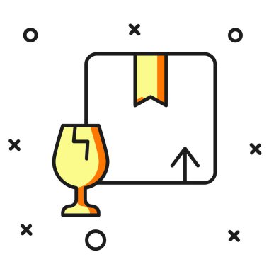 Beyaz arkaplanda izole edilmiş kırık cam ikonun kırılgan içerik sembolüyle dolu ana hatlı teslimat kutusu. Kutu, paket, paket işareti. Düz çizgili, gölgeli. Vektör.