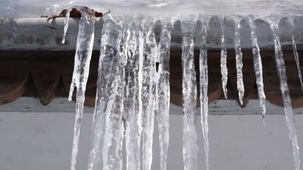 In inverno, i ghiaccioli pendono dal tetto. — Video Stock