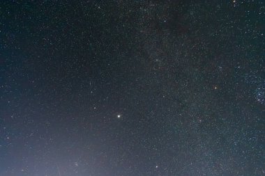 Yüksek çözünürlüklü, geniş açılı, geniş açılı karanlık gece gökyüzünü, bilim ve arka plan kullanımı için uygun sayısız parlak yıldız ve kozmik tozla dolu bir şekilde yakalıyor..