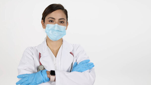 Female Doctor Turning Folding Arms While Smiling Moving Them White Royalty Free Stock Images