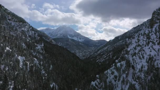 Volando Hacia Atrás Sobre Cañón Invierno Mientras Nieva Ligeramente Mirando — Vídeos de Stock