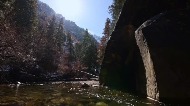 Blick Die Schlucht Richtung Sonne Während Der Fluss Fließt Und — Stockvideo