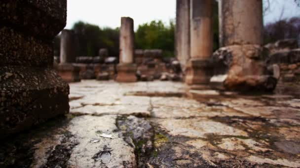 Stock Footage van de natte stenen vloer op de Bar'am ruïnes in Israël. — Stockvideo