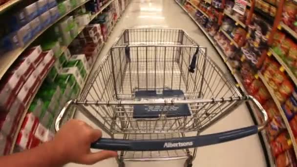 Carrito de compras conduciendo por un pasillo de comestibles — Vídeos de Stock