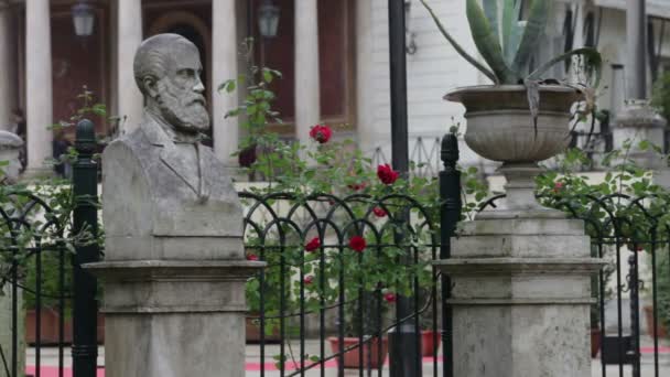 Statue and flower pot on fence — Stock Video