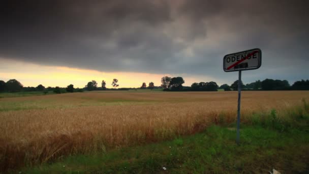 Dolly shot of a road sign and an agricultural field in Copenhagen, Denmark — Stock Video