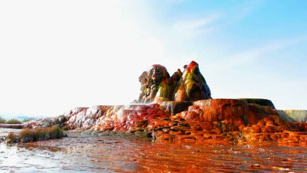 Depósitos minerais e atirando água quente de Fly Geyser — Vídeo de Stock