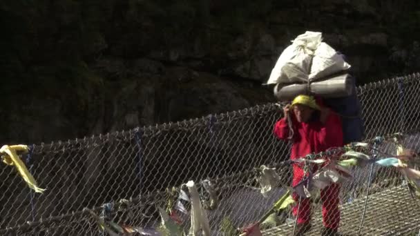 Porters transportando sacos sobre uma ponte — Vídeo de Stock