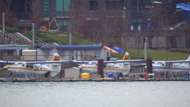 Close-up shot from across the water of three water planes docked in Vancouver harbor — Stock Video