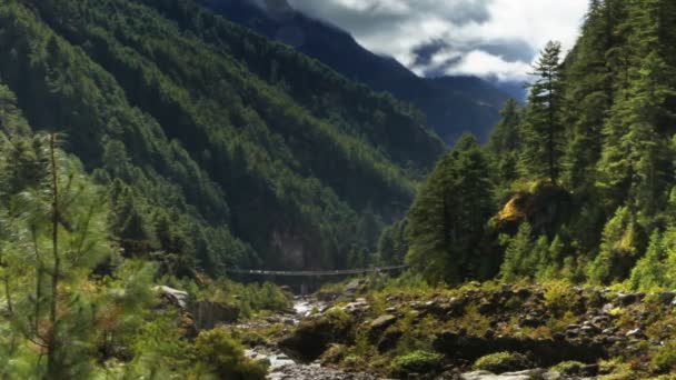 Río y un sendero en un valle del Himalaya — Vídeos de Stock