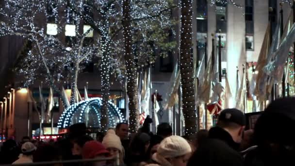Толпа людей, дерево украшено огнями в Нью-Йорке — стоковое видео