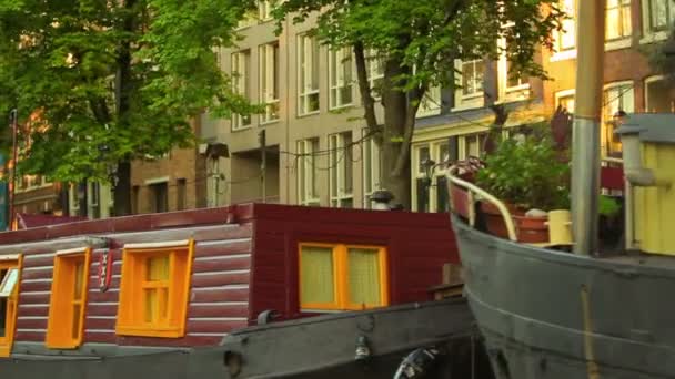 Tall buildings overlooking houseboats docked in Amsterdam canal — Stock Video