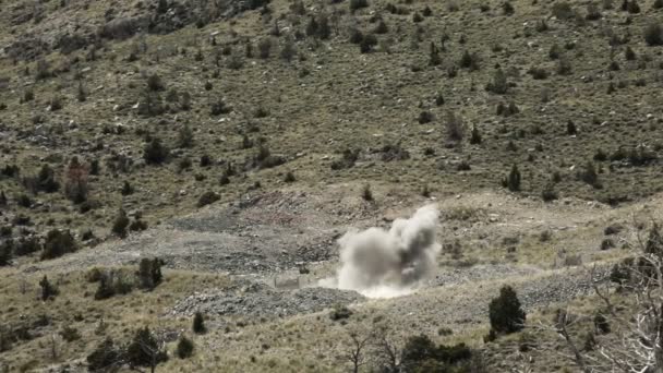Long distance shot of explosion in training exercise; sound follows visual. — Stock Video