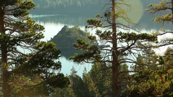 静态拍摄的 Fannette 岛在太浩湖看到通过在 forrested 山上的树木. — 图库视频影像
