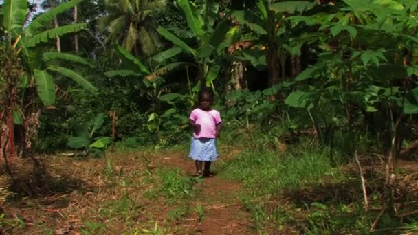 Kleines afrikanisches Mädchen geht einen Pfad in Richtung Kamera hinauf. — Stockvideo