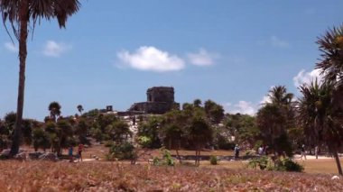 Merdiven, ağaçlar ve insanlar antik bir binada orta geniş, statik çekim. 