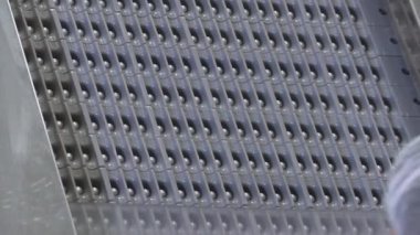 Closeup çekim bir konveyör üzerine plastik şişe.
