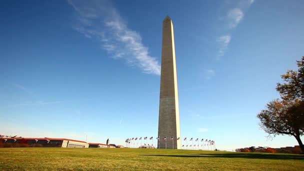 Vista panorámica del Monumento a Washington y sus terrenos en Washington DC con destello de lente — Vídeos de Stock