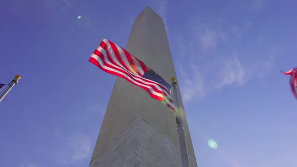 Flaggor vajande framför Washington Monument. — Stockvideo
