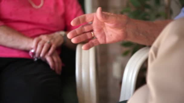 Lyckliga äldre paret sitter på en veranda. Huvudet är inte med tanke på skottet. — Stockvideo