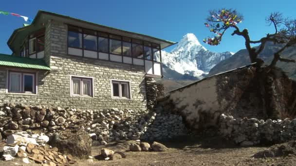 Teahouse med flaggor nära Ama Dablam i Himalaya. — Stockvideo