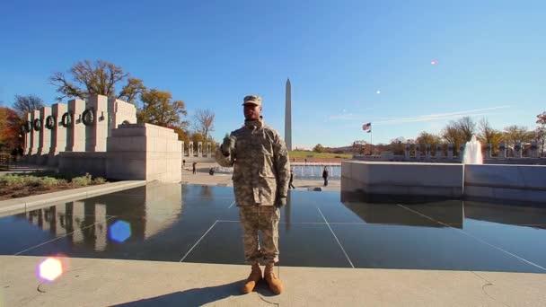 Soldado posando para una foto del Memorial de la Segunda Guerra Mundial . — Vídeo de stock