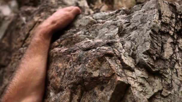 Gros plan des avant-bras musclés d'un homme et de ses mains sur le rocher . — Video